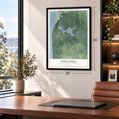 Saugatuck, Allegan County, Michigan map, 18 x 24 inch print in a black frame in a home office