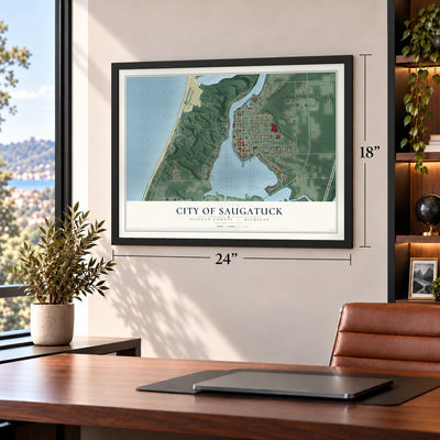 Saugatuck, Michigan map, 18 x 24 inch print in a black frame in a home office