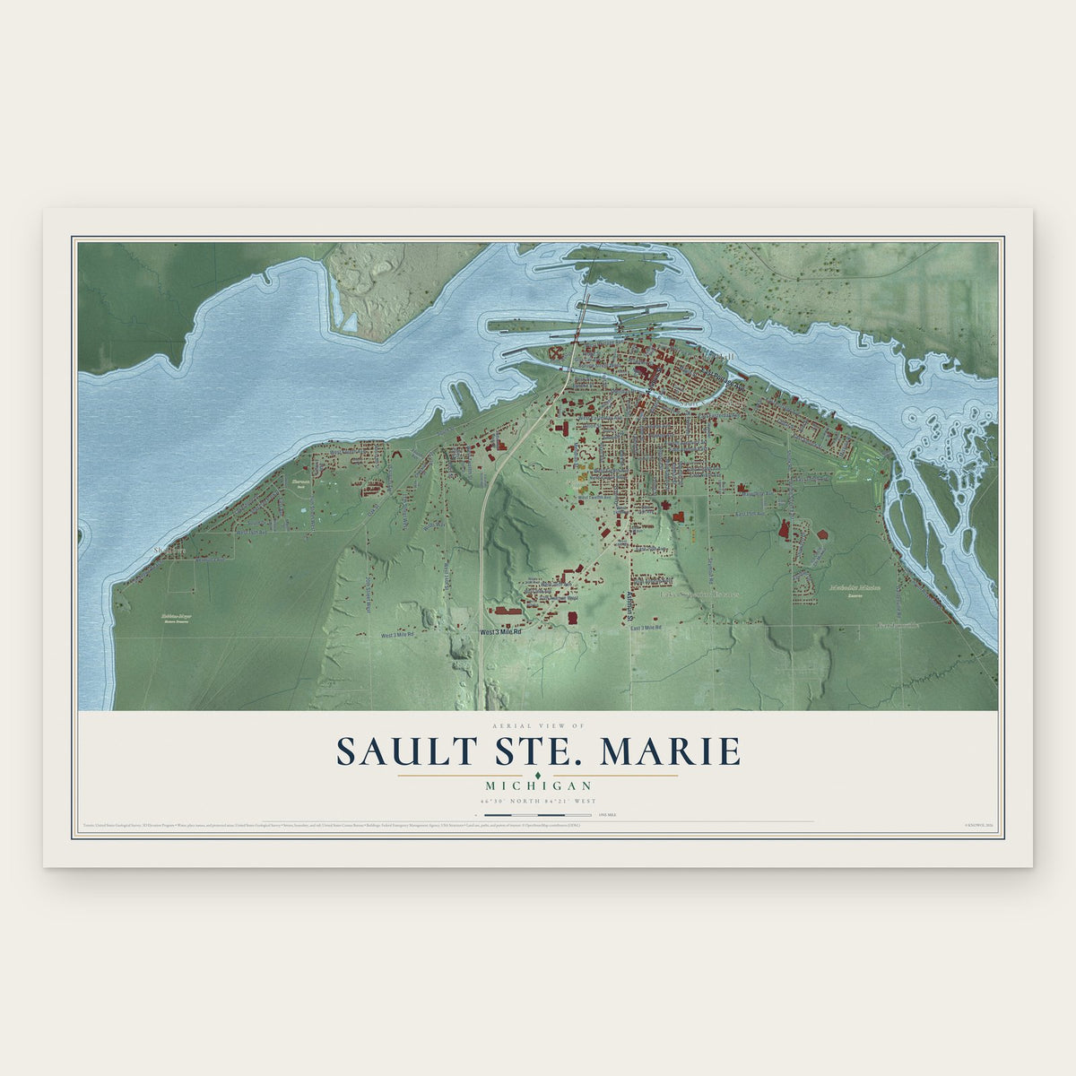 Sault Ste. Marie, Michigan map print, the full design