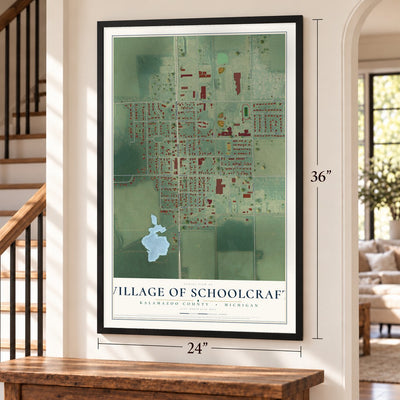 Schoolcraft, Michigan map, 24 x 36 inch print in a black frame by a staircase