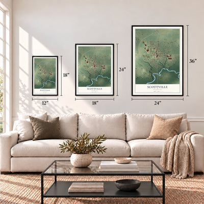 Scottville, Michigan map in 12 x 18, 18 x 24 and 24 x 36 inch sizes above a sofa