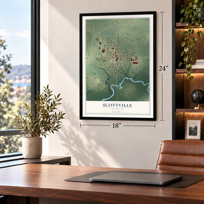 Scottville, Michigan map, 18 x 24 inch print in a black frame in a home office