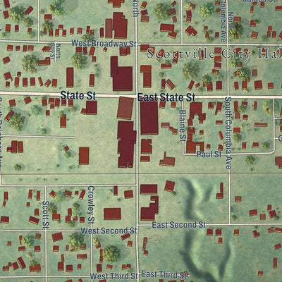 Close-up of the map of Scottville, Michigan print showing street and building detail