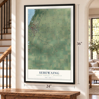 Sebewaing, Huron County, Michigan map, 24 x 36 inch print in a black frame by a staircase