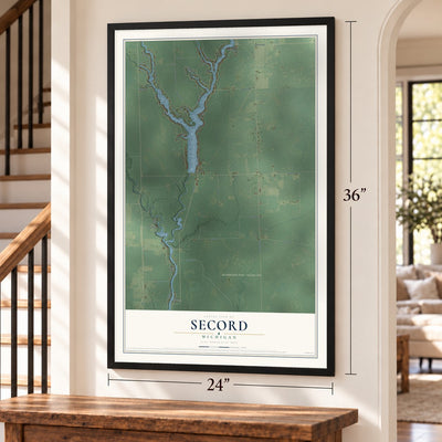 Secord, Michigan map, 24 x 36 inch print in a black frame by a staircase
