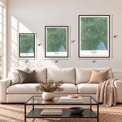 Selma, Michigan map in 12 x 18, 18 x 24 and 24 x 36 inch sizes above a sofa