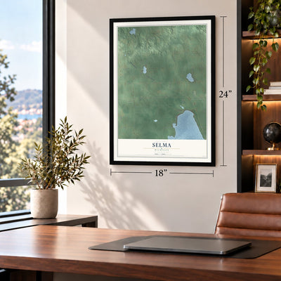 Selma, Michigan map, 18 x 24 inch print in a black frame in a home office
