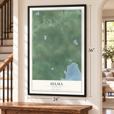 Selma, Michigan map, 24 x 36 inch print in a black frame by a staircase