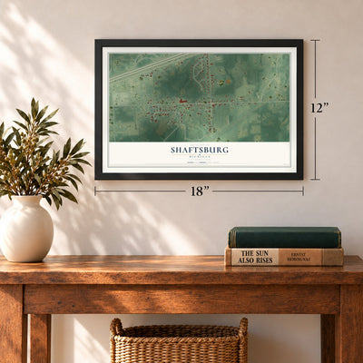 Shaftsburg, Michigan map, 12 x 18 inch print in a black frame in an entryway