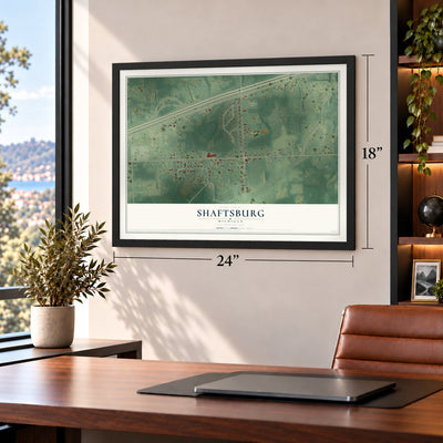 Shaftsburg, Michigan map, 18 x 24 inch print in a black frame in a home office