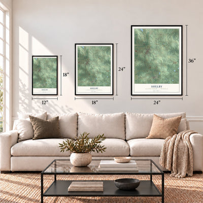 Shelby, Oceana County, Michigan map in 12 x 18, 18 x 24 and 24 x 36 inch sizes above a sofa
