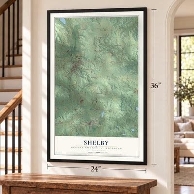 Shelby, Oceana County, Michigan map, 24 x 36 inch print in a black frame by a staircase