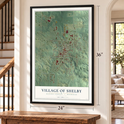 Shelby, Michigan map, 24 x 36 inch print in a black frame by a staircase