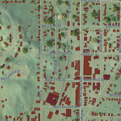 Close-up of the map of Shelby, Michigan print showing street and building detail