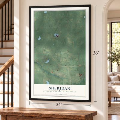 Sheridan, Calhoun County, Michigan map, 24 x 36 inch print in a black frame by a staircase