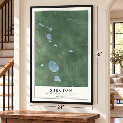 Sheridan, Mason County, Michigan map, 24 x 36 inch print in a black frame by a staircase