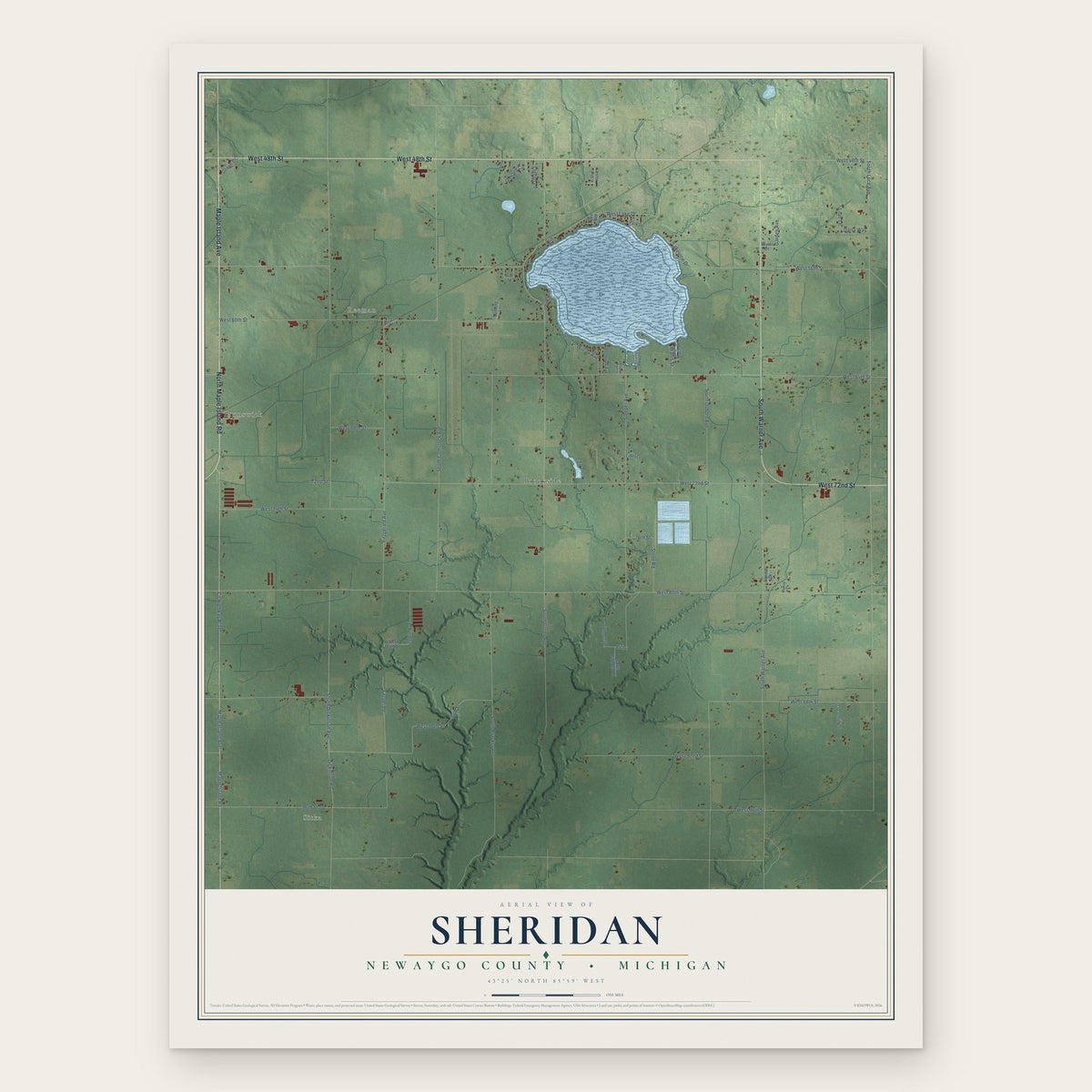 Sheridan, Newaygo County, Michigan map print, the full design