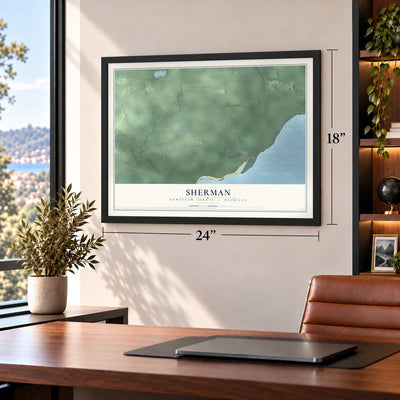 Sherman, Keweenaw County, Michigan map, 18 x 24 inch print in a black frame in a home office