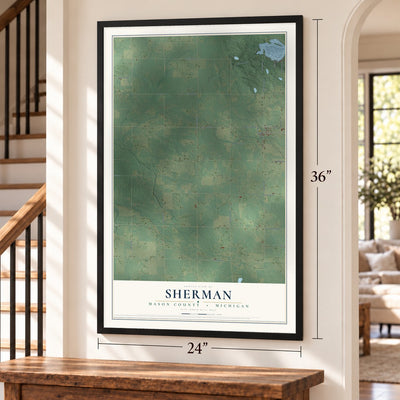 Sherman, Mason County, Michigan map, 24 x 36 inch print in a black frame by a staircase