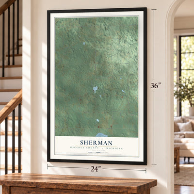 Sherman, Osceola County, Michigan map, 24 x 36 inch print in a black frame by a staircase