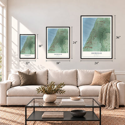 Shoreham, Michigan map in 12 x 18, 18 x 24 and 24 x 36 inch sizes above a sofa