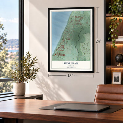 Shoreham, Michigan map, 18 x 24 inch print in a black frame in a home office