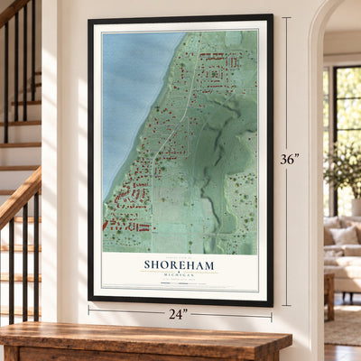 Shoreham, Michigan map, 24 x 36 inch print in a black frame by a staircase