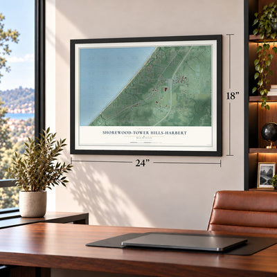 Shorewood-Tower Hills-Harbert, Michigan map, 18 x 24 inch print in a black frame in a home office