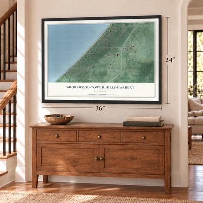 Shorewood-Tower Hills-Harbert, Michigan map, 24 x 36 inch print in a black frame above a dresser by a staircase