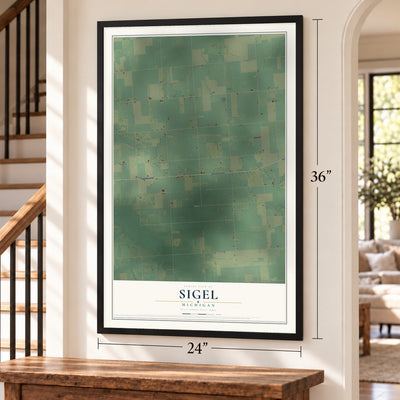 Sigel, Michigan map, 24 x 36 inch print in a black frame by a staircase