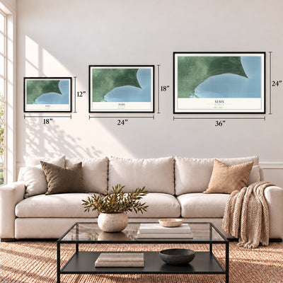 Sims, Michigan map in 12 x 18, 18 x 24 and 24 x 36 inch sizes above a sofa