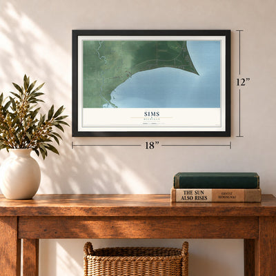 Sims, Michigan map, 12 x 18 inch print in a black frame in an entryway