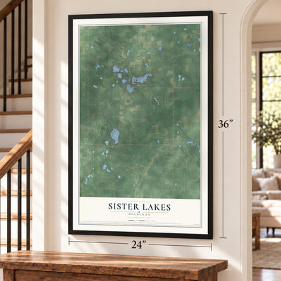 Sister Lakes, Michigan map, 24 x 36 inch print in a black frame by a staircase