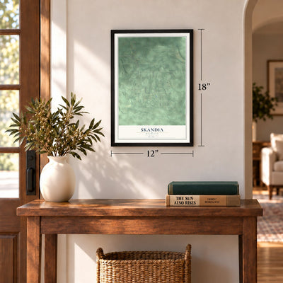 Skandia, Michigan map, 12 x 18 inch print in a black frame in an entryway
