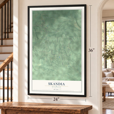 Skandia, Michigan map, 24 x 36 inch print in a black frame by a staircase