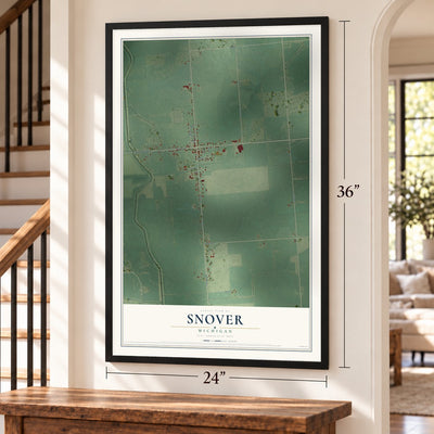 Snover, Michigan map, 24 x 36 inch print in a black frame by a staircase