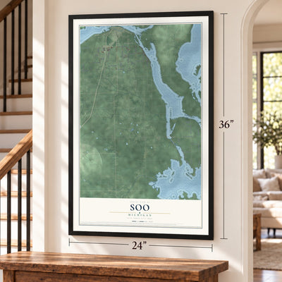 Soo, Michigan map, 24 x 36 inch print in a black frame by a staircase