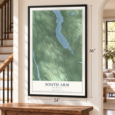 South Arm, Michigan map, 24 x 36 inch print in a black frame by a staircase