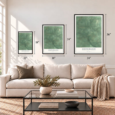 South Branch, Wexford County, Michigan map in 12 x 18, 18 x 24 and 24 x 36 inch sizes above a sofa