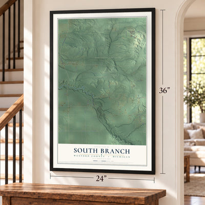 South Branch, Wexford County, Michigan map, 24 x 36 inch print in a black frame by a staircase