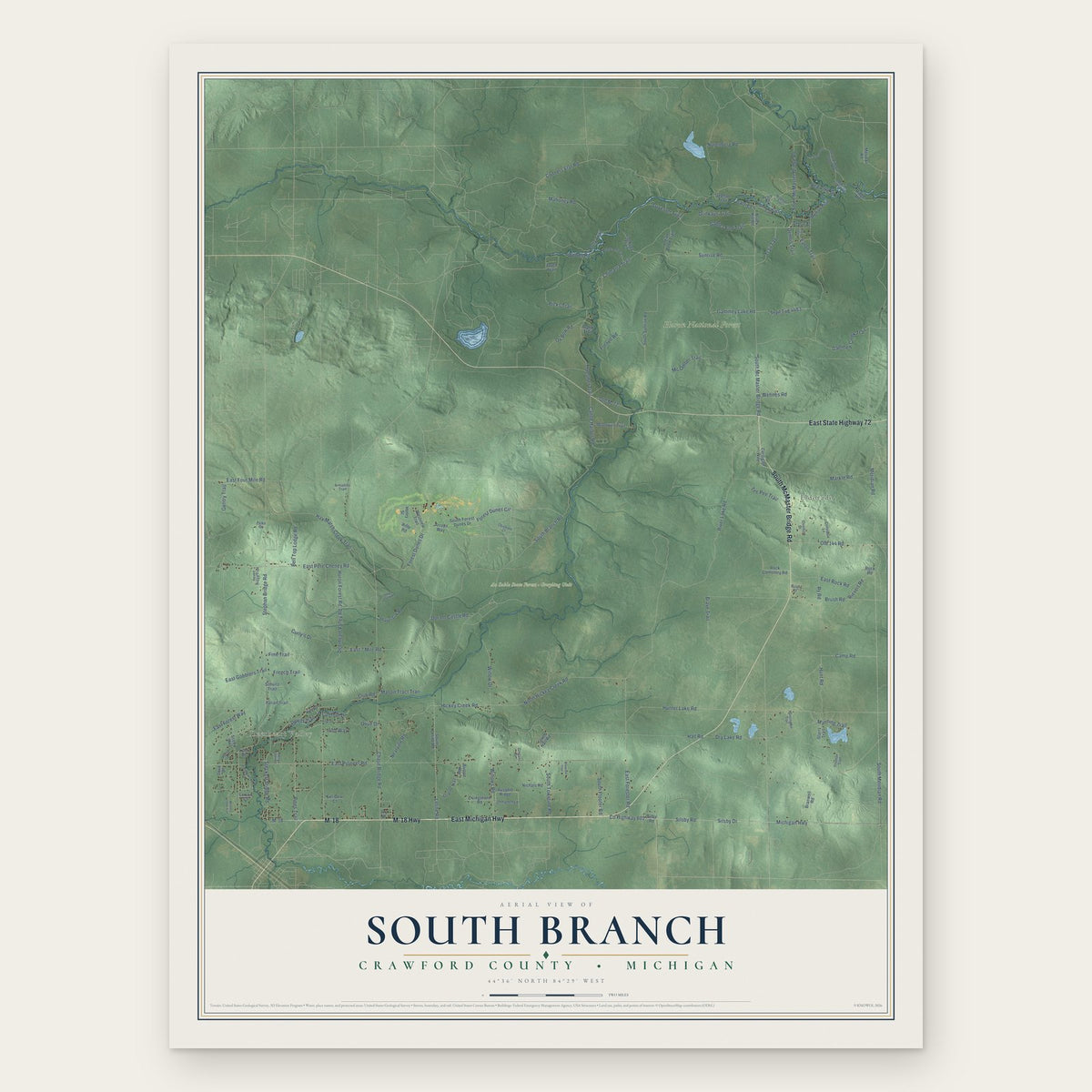 South Branch, Crawford County, Michigan map print, the full design