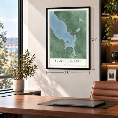 South Gull Lake, Michigan map, 18 x 24 inch print in a black frame in a home office