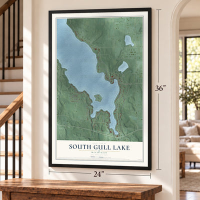 South Gull Lake, Michigan map, 24 x 36 inch print in a black frame by a staircase