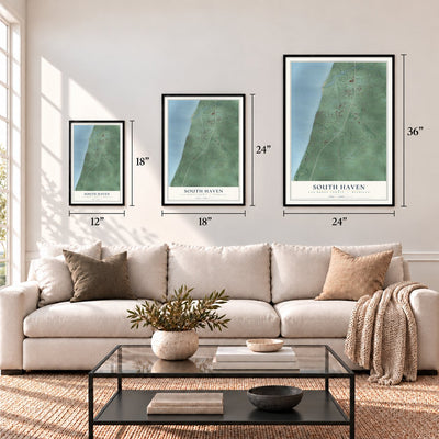 South Haven, Van Buren County, Michigan map in 12 x 18, 18 x 24 and 24 x 36 inch sizes above a sofa