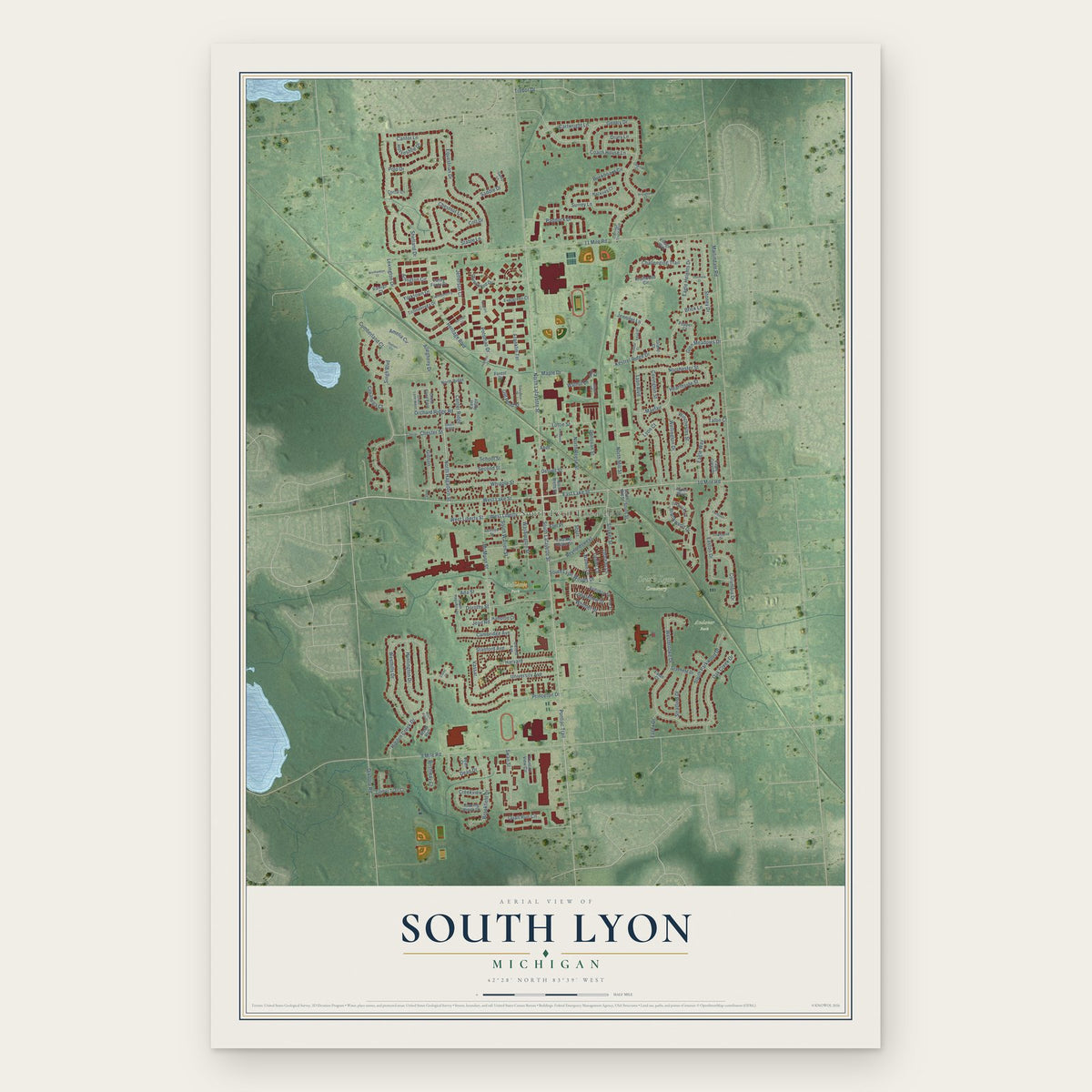 South Lyon, Michigan map print, the full design