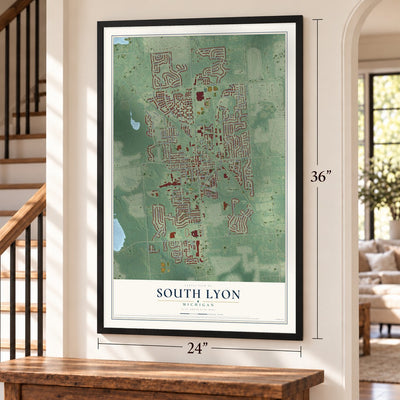 South Lyon, Michigan map, 24 x 36 inch print in a black frame by a staircase