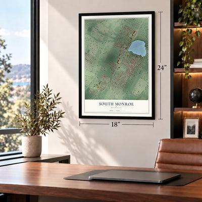 South Monroe, Michigan map, 18 x 24 inch print in a black frame in a home office
