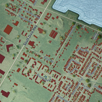Close-up of the map of South Monroe, Michigan print showing street and building detail