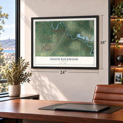 South Rockwood, Michigan map, 18 x 24 inch print in a black frame in a home office