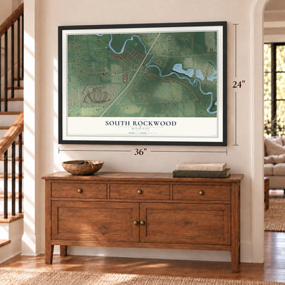 South Rockwood, Michigan map, 24 x 36 inch print in a black frame above a dresser by a staircase